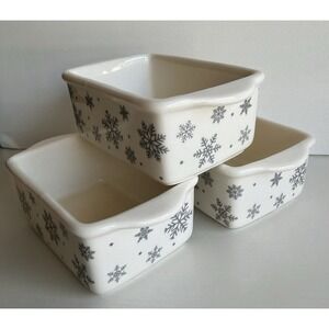 Set of 3 Christmas Mini Loaf Pans Snowflake Ceramic Oven Safe Baking Dish 6" New
